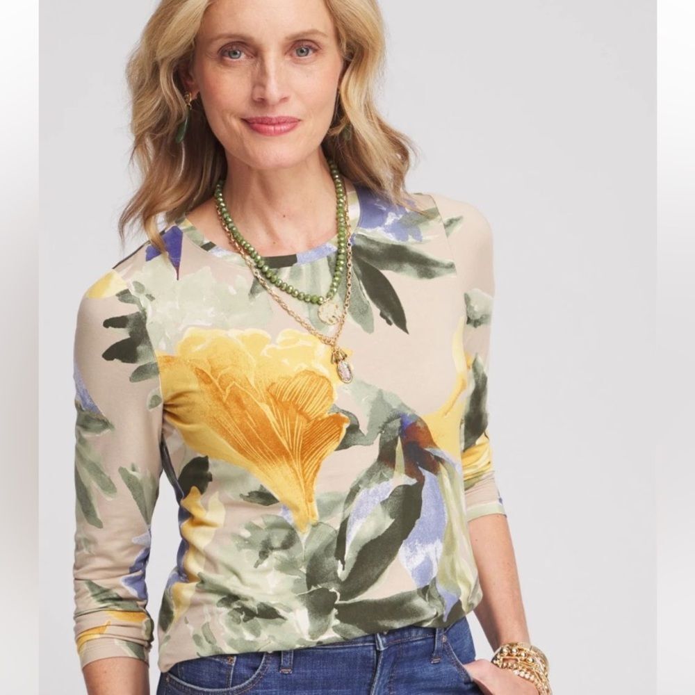 Chico's Touch Of Cool Semonila Floral Print Long Sleeve Tee T Shirt Top NEW 0 S